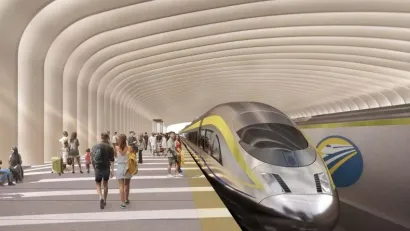 Rendering of California High-Speed Rail station with bullet train.